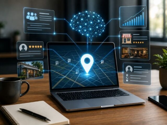 Laptop displaying an AI-powered local business search interface with connected business profiles, reviews, location signals, and analytics representing how AI evaluates local businesses for search recommendations.
