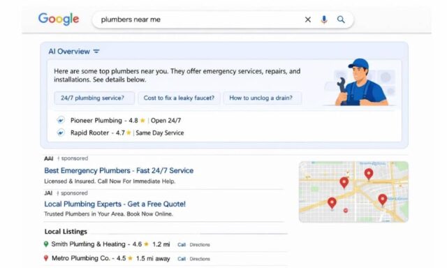 Realistic mockup of an AI-driven local search results page showing summary box ads and reduced organic listings