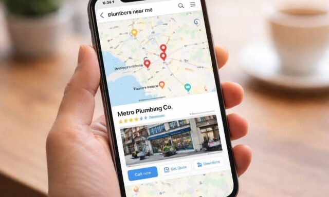 iPhone displaying Apple Maps with nearby local business listings and place card details for a service search