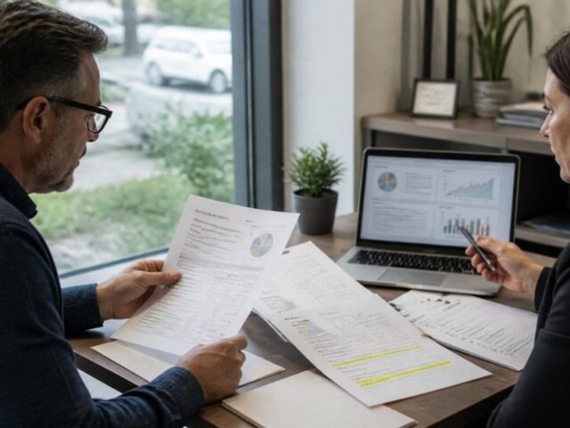 Local business owner reviewing an SEO agency proposal, service details, and reports during a meeting in Auburn.