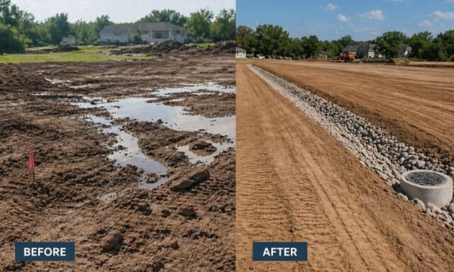 Before and after of a site preparation project showing uneven ground fixed into a clean, leveled construction-ready area