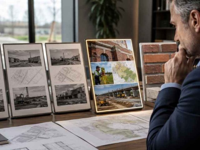 Being found and chosen professional firms - AuburnBusiness.Com Businessman studying construction planning boards with maps and photos on a desk, one board glow-lit.