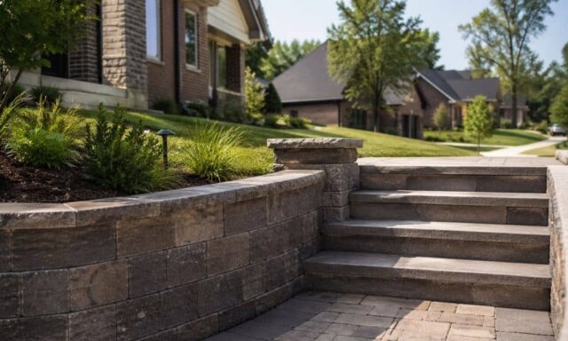 Brick patio and retaining wall in a residential yard with nearby homes and landscaping