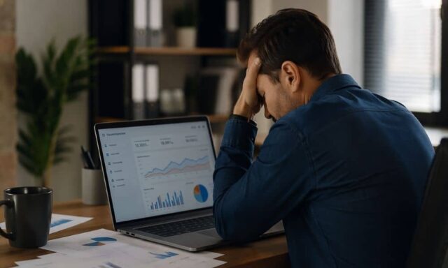 Business owner looking at website analytics on a laptop with a concerned expression, showing strong traffic but low leads