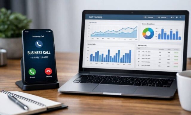 Realistic office desk showing a smartphone receiving a business call and a laptop displaying analytics, illustrating how to track phone leads without hurting local SEO