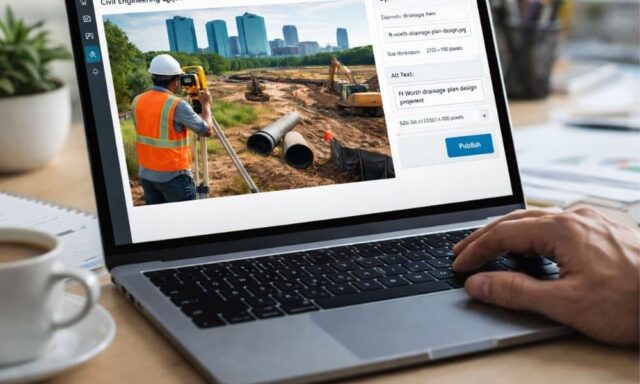Civil engineering project photo being uploaded to a website with optimized file name and alt text for local SEO