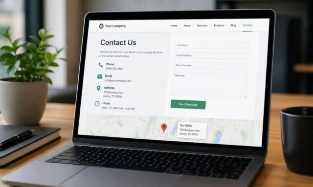 Realistic business website contact page layout with phone number, address, map, and service area details for local SEO