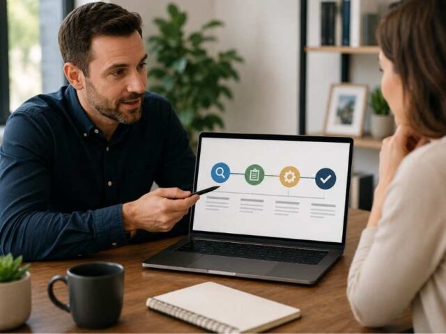 Customer education shown through a service professional explaining a process to a client using a laptop during a consultation.
