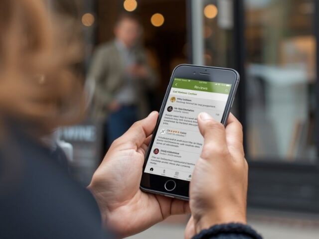 Customer reading business reviews before hiring - AuburnBusiness.Com Customer reading online reviews on a smartphone before choosing a local business based on customer feedback and reputation
