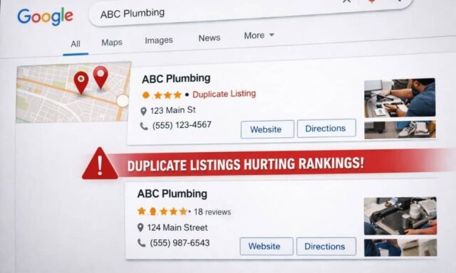Landscape illustration of duplicate local business listings appearing side by side on a map search interface