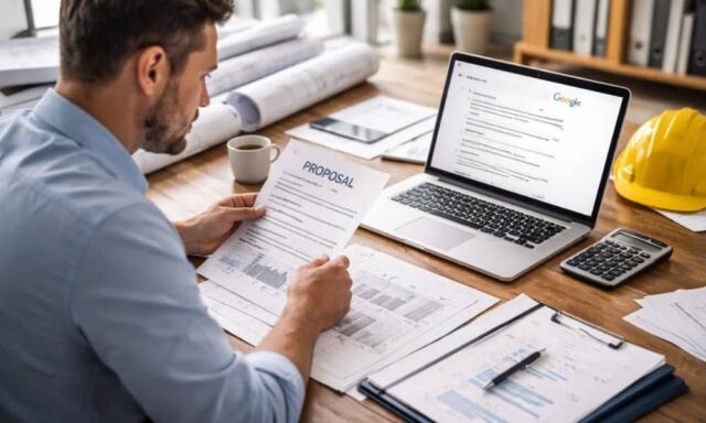 Civil engineering professional reviewing project PDFs and documents on a laptop in an office workspace