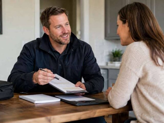 Service professional explaining options clearly to a customer during a consultation to build trust beyond expertise.
