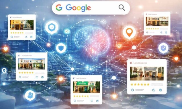 Illustration showing Google AI evaluating business listings and citation data to determine trust and visibility across platforms