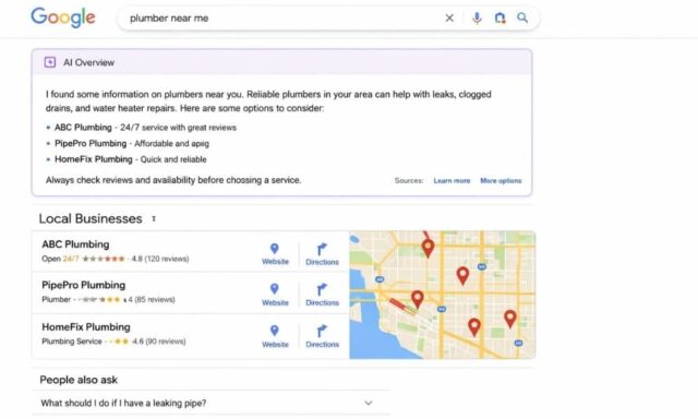 AI generated search overview displayed above local business listings on a search results page
