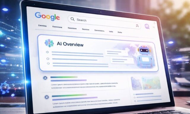 Illustration of AI-generated summaries appearing in Google search results on a desktop screen