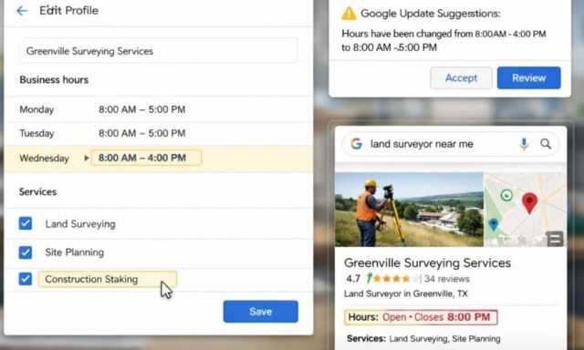 Realistic dashboard illustration showing a business profile with hours and services being updated and reviewed for accuracy