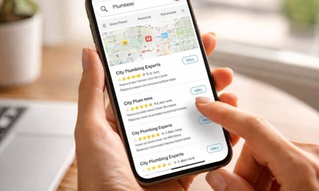 Person using a smartphone to search for a local service and choosing a business listing on a maps interface