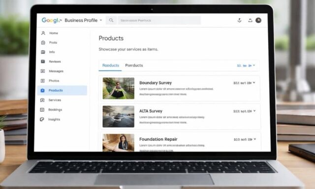 Computer screen showing a business profile dashboard with products section listing service offerings for local businesses