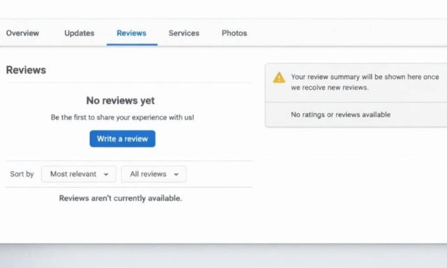 Google Business Profile reviews section showing no reviews available for a local service business