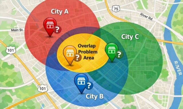 Map illustration showing overlapping Google Business Profile service areas causing ranking conflicts for local service businesses