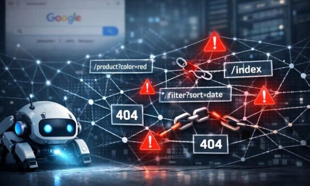 Realistic illustration of a search engine crawler bot facing broken URL links and indexing errors across a website network