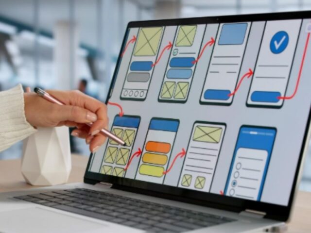 Person reviewing a website homepage layout on a laptop screen with multiple interface sections and user flow elements