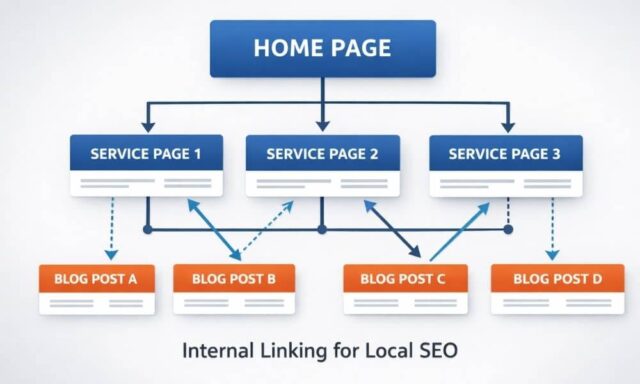 Website structure diagram showing homepage linking to service pages and blog posts with arrows representing internal links