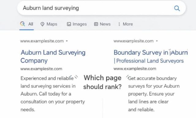 Laptop screen showing two similar web pages competing in search results, illustrating keyword cannibalization between homepage and service page