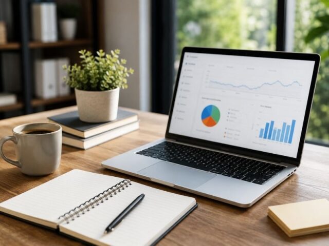 Modern workspace with laptop analytics dashboard and notebook used for keyword research and local service lead planning