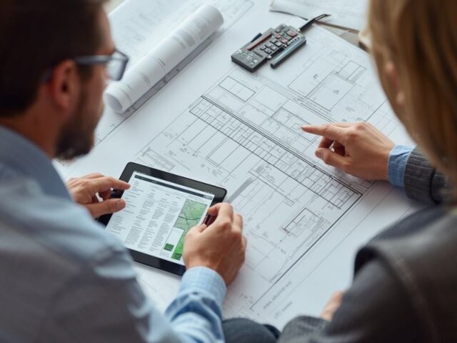 Land surveyor explaining property plans and survey documents to a client in Auburn Alabama through clear communication