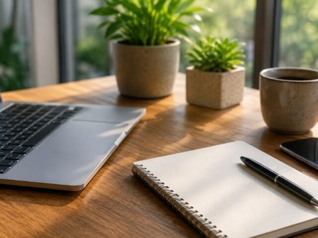 Modern workspace with laptop, notebook, smartphone and coffee on a desk used for business planning and lead tracking