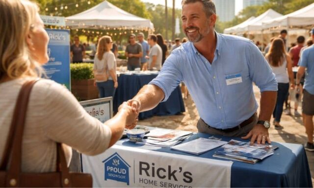 Local business owner networking at a community event to build local authority and search visibility