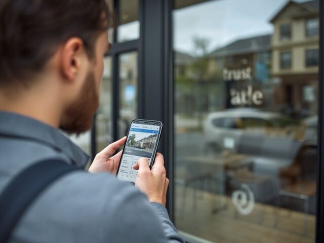 Customer researching a local business on a smartphone before choosing a trusted neighborhood service provider