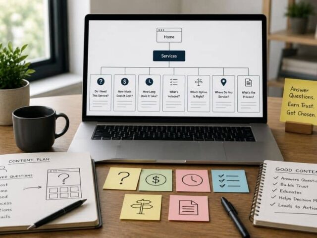 Local business marketing strategy showing website pages built around common buyer questions to attract and convert local customers.
