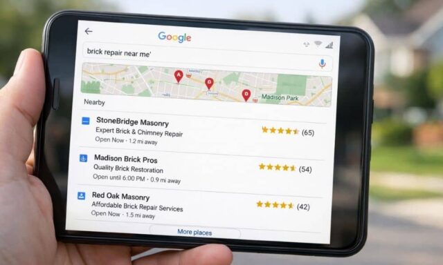 Smartphone displaying local search results with map and business listings for brick repair near me