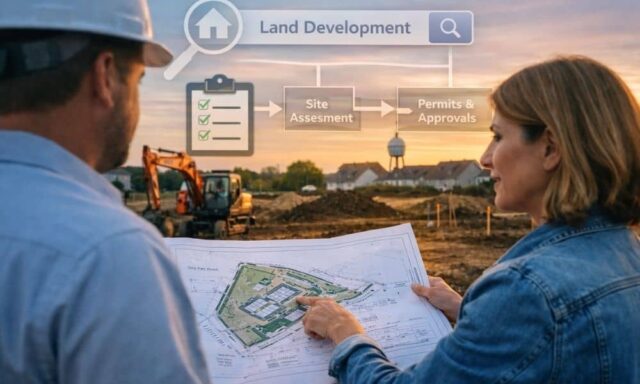 Landscape view of a land development site with surveyors reviewing plans and a tablet showing property markers, highlighting local SEO and online visibility