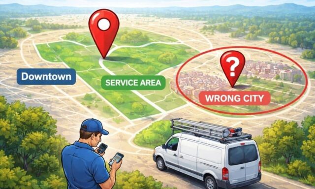 Illustration showing a service business appearing in the wrong area on Google Maps due to poorly structured service areas
