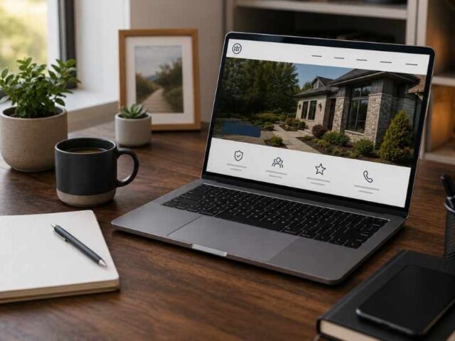 Online presence represented by a professional business website displayed on a laptop in a modern office workspace.