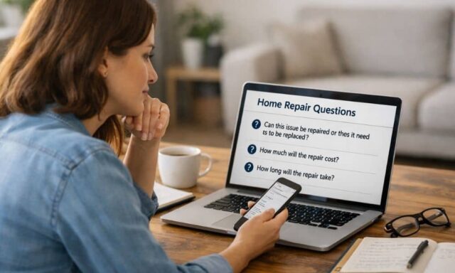 Person researching and reviewing questions online while making a decision on a laptop