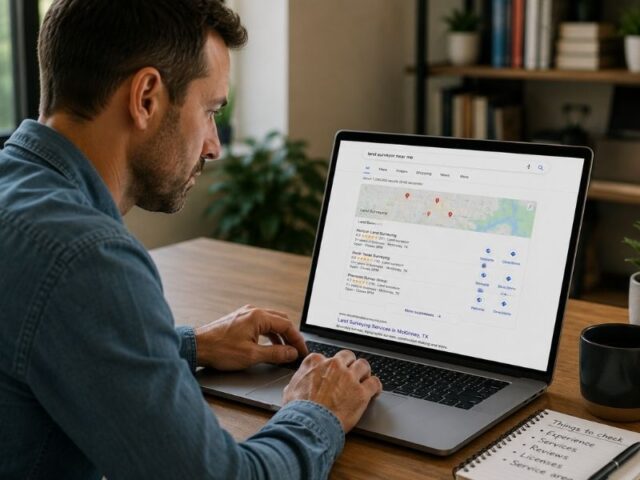 Business owner researching company staff and expert information on a laptop to evaluate credibility and trust before choosing a local service provider.
