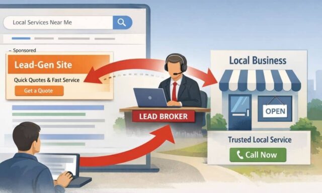 Diagram showing how lead-gen resellers intercept local search leads before they reach real service businesses