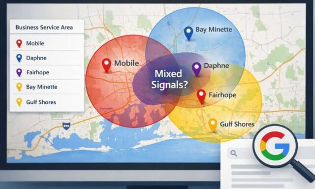 Illustration showing overlapping service areas on a local map to explain how service-area confusion affects local business visibility