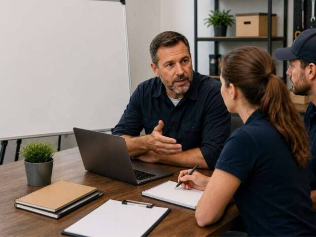 Service businesses turn knowledge into growth - AuburnBusiness.Com Team meeting: man explains with hand gesture while two colleagues listen and take notes at a wooden table with a laptop nearby