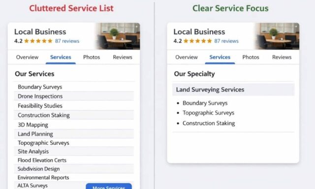 Example of a cluttered versus focused Google Business Profile services list showing how too many services can confuse visibility