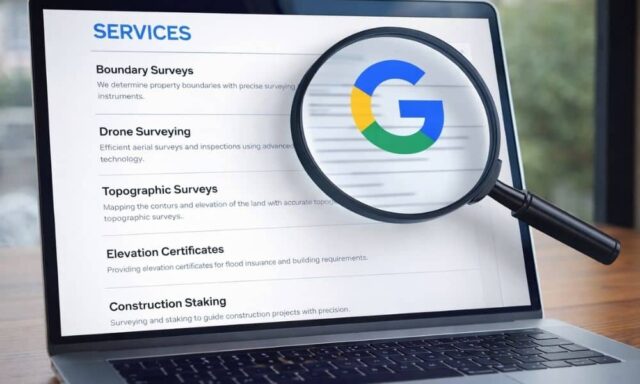 Laptop showing a website services page listing multiple survey services on one page illustrating how service page structure can affect Google search rankings