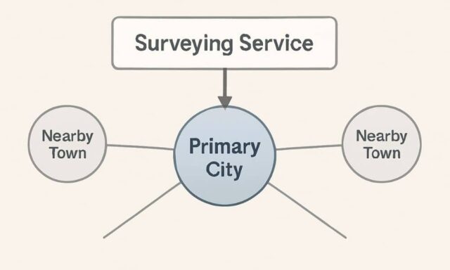 Diagram showing how to structure a service-area page with one primary city connected to nearby towns under a surveying service.