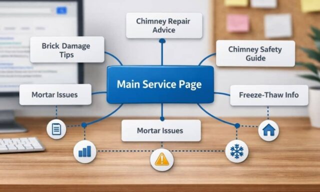 Diagram showing a main service page connected to related content pages in a topic cluster website structure