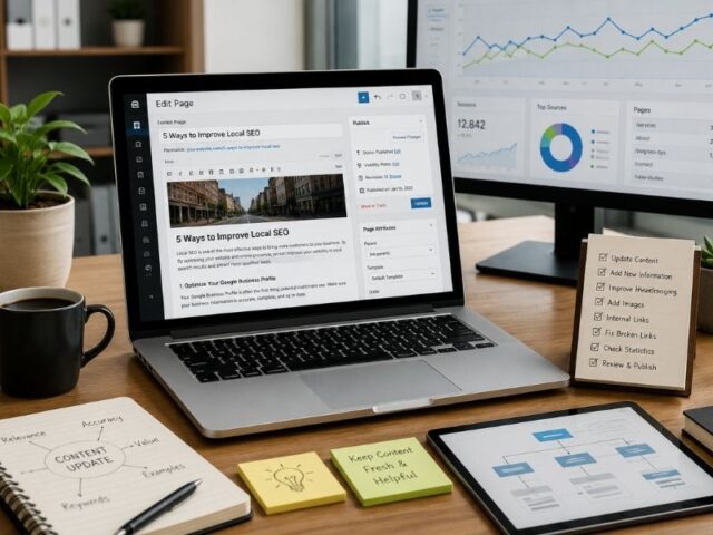 Workspace showing a laptop updating an existing website page with SEO analytics on a second monitor, illustrating content optimization and website updates for better search visibility.