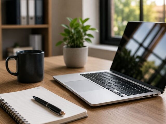 Modern office workspace with a laptop, notebook, and coffee mug representing website management and change tracking for a small business website.