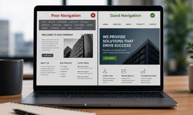 A laptop showing a side-by-side comparison of poor and effective website navigation, highlighting how clear website structure improves user experience and engagement 
